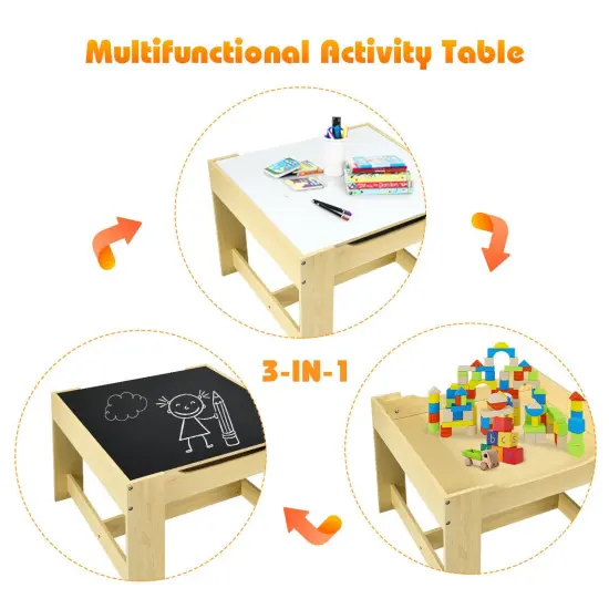 Kids Table Chairs Set With Storage Boxes Blackboard Whiteboard Drawing Beige {5}