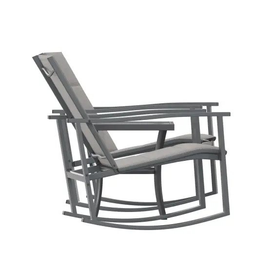 Merrick Lane Brevyn 3 Piece Outdoor Bistro Set with Flex Comfort Rocking Chairs and Steel Framed Glass Top Table Gray {5}