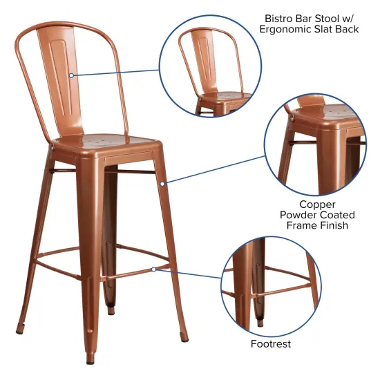 Merrick Lane Sabine Metal Indoor-Outdoor Barstool with Vertical Slat Back and Integrated Footrest Copper {2}