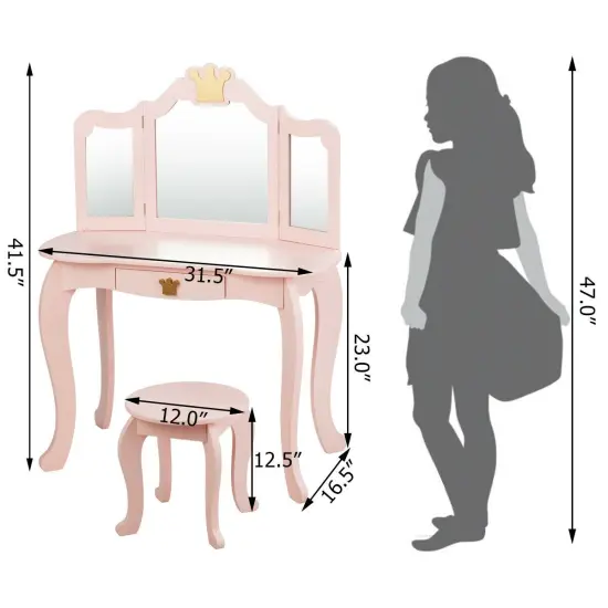 Kids Makeup Dressing Table with Tri-folding Mirror and Stool Pink {4}