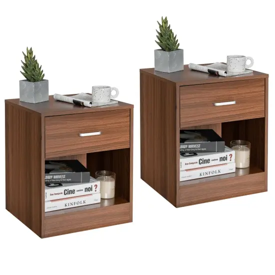 Set of 2 Modern Nightstand with Storage Drawer with Metal Handle and Large Open Shelf Brown {1}