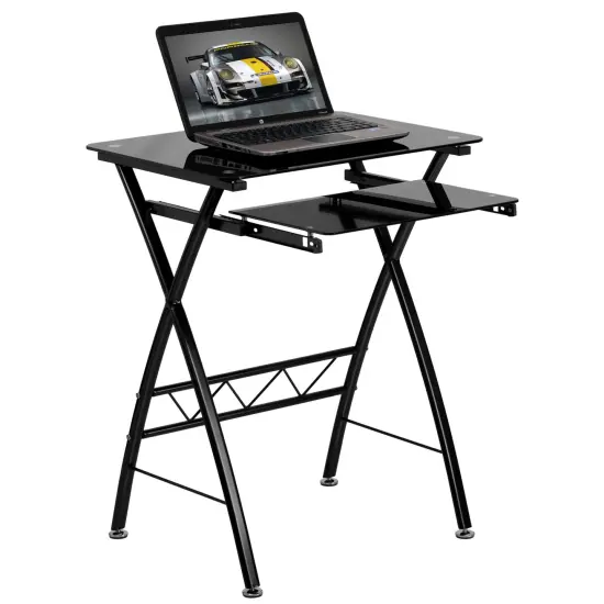 Emma and Oliver Tempered Glass Computer Desk with Pull-Out Keyboard Tray Black {1}