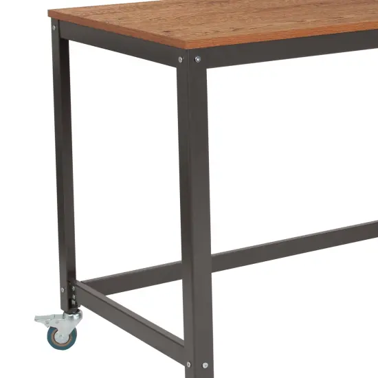 Emma and Oliver Computer Table and Desk in Wood Grain Finish with Metal Wheels Brown Oak {4}