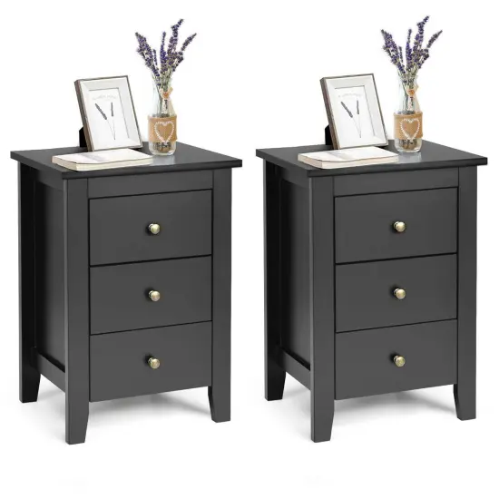 2 pcs Nightstand End Beside Table Drawers Black {6}