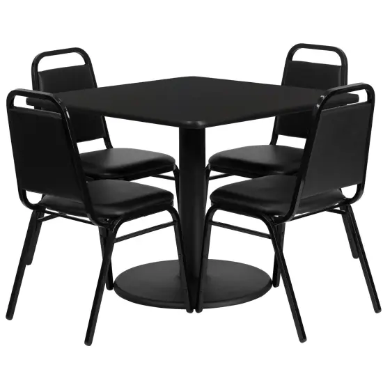 Emma and Oliver 36" Square Laminate Table Set with 4 Trapezoidal Banquet Chairs BlackTop/BlackVinyl {1}