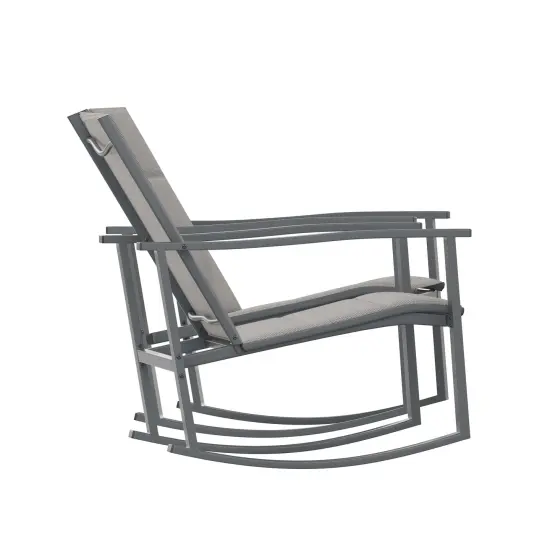 Merrick Lane Brevyn Set of 2 Flex Comfort Outdoor Rocking Chairs with Steel Frames Black {10}