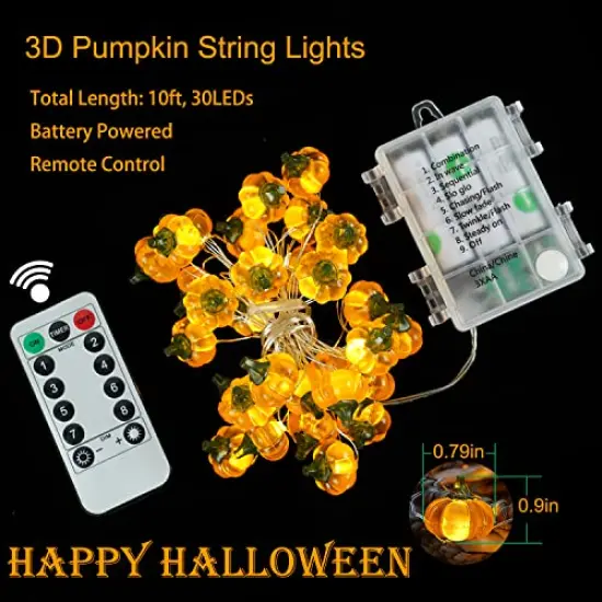 Halloween Lights 3D Jack-o-Lantern 10ft 30 LEDs Pumpkin String Lights Battery Powered Orange Lights for Halloween Party Indoor Fall Outdoor Harvest Thanksgiving Decorations {5}