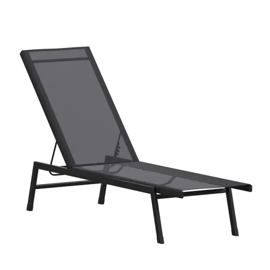 Emma and Oliver Braelin Textilene Adjustable 5 Position Patio Chaise Lounge and Metal Frame Black/Brown {6}