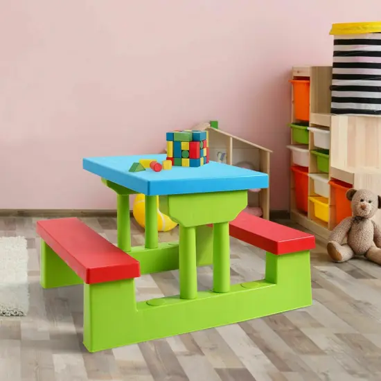 Kids Picnic Folding Table and Bench Set with Umbrella Green {6}