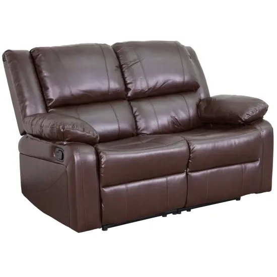 Emma and Oliver Bustle Back Loveseat with Two Built-In Recliners Brown LeatherSoft {1}