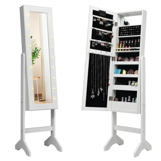 Freestanding Jewelry Organizer Cabinet Armoire with LED Lights and Full Length Mirror White {1}