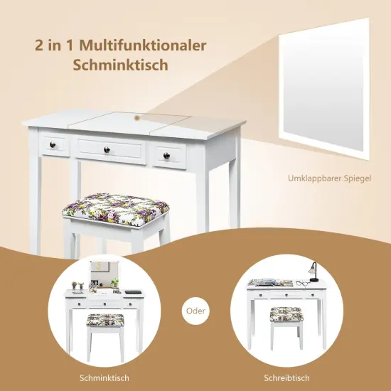 2-in-1 Vanity Table and Writing Desk with Mirror Storage and Stool Space Saving Design {5}