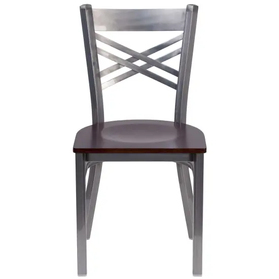 Emma and Oliver Clear Coated "X" Back Metal Restaurant Dining Chair Walnut/ClearCoated {2}