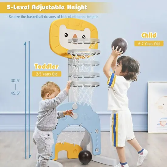 3-in-1 Triangular Kids Basketball Hoop Sports Set with 5 Adjustable Height Levels Yellow {6}