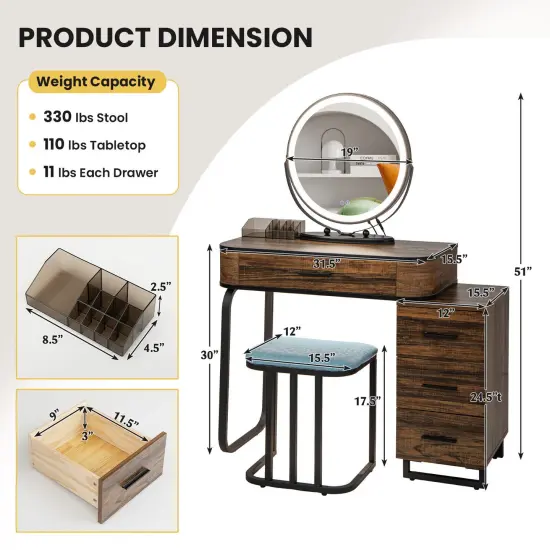 Vanity Table Set with 3-Color Lighted Mirror and Charging Station-Brown {2}