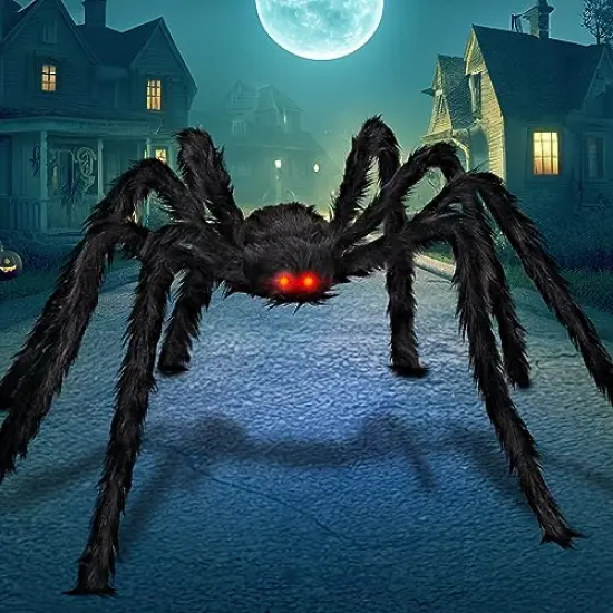JOYIN 6.4ft Halloween Hairy Spider Outdoor Decorations,Light-up LED Eyes Scary Giant Spider Fake Large Spider Hairy Spider Props for Halloween Yard Decorations Party Outdoor and Outdoor Decor, Black {1}