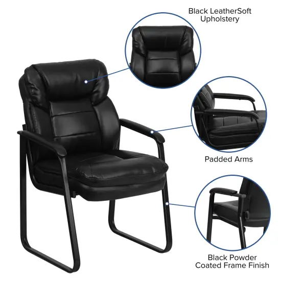 Emma and Oliver Executive Side Reception Chair with Lumbar Support and Sled Base Black LeatherSoft {2}