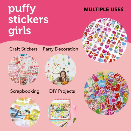 Incraftables Puffy Stickers for Girls (48 Sheets). Self Adhesive Puffy Stickers for Toddlers w/ Hearts, Animals, Princesses, Cloths, Food, Emojis & More. Bulk Reusable 3D Stickers for Girls. {4}