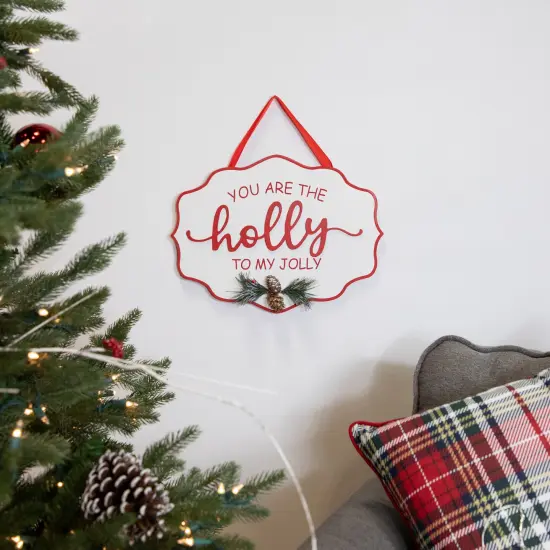Northlight Hanging Pinecone "You Are The Holly To My Jolly" Christmas Wall Sign - 15.75" Red {4}