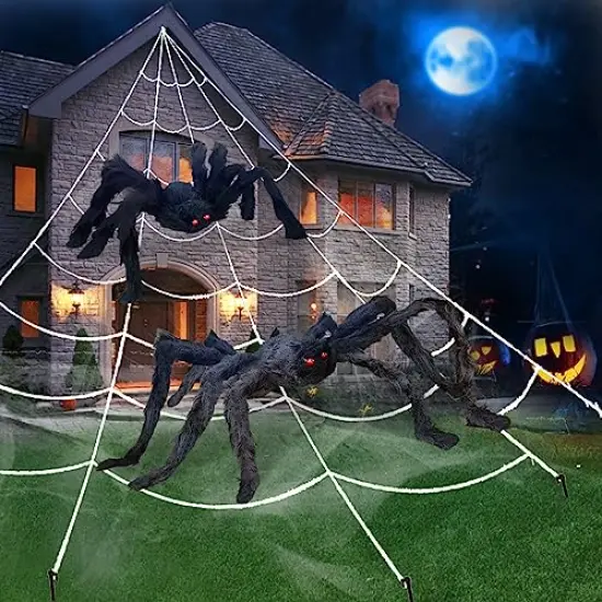 UNGLINGA Giant Spider Web Halloween Decorations Outdoor with 50inch & 30inch Large Spiders, Hanging Mega Huge Spider Web 2 Scary Fake Black Spiders for Yard Garden Outside House Indoor Decor {1}
