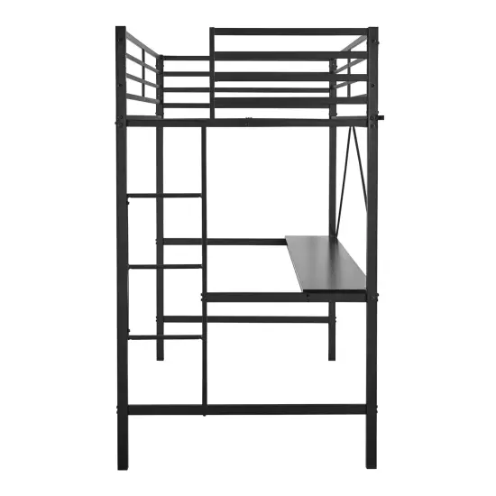 Emma and Oliver Jensen Metal Loft Bed Frame with Desk, Protective Guard Rails and Ladder for Kids, Teens and Adults Black {5}