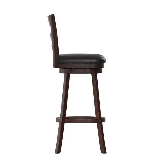 Merrick Lane Silla 30" Classic Wooden Ladderback Swivel Bar Height Stool with Upholstered Padded Seat and Integrated Footrest Espresso/Black {5}