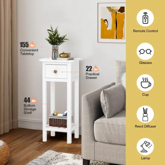 2 Tier Slim Rectangular Bedside Table Nightstand with Open Shelf and Small Drawer White {5}