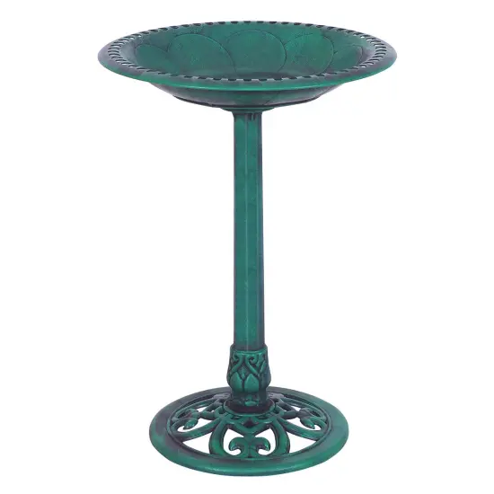 20"x28" Decorative Green Pedestal Bird Bath with Scroll Design Resin Outdoor Water Bowl {3}