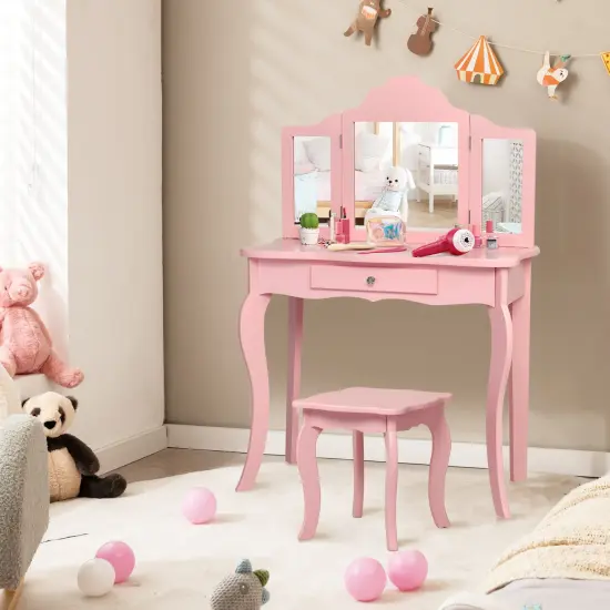 Kids Makeup Dressing Mirror Vanity Table Stool Set Pink {2}
