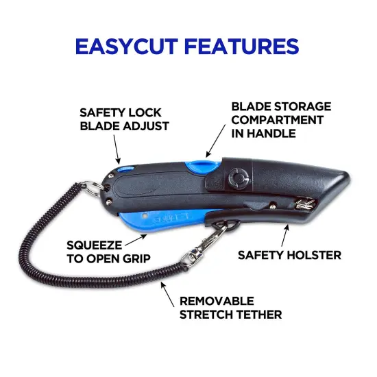 Garvey Box Cutter Knife with Shielded Blade Storage Compartment, Self-Retracting Cutter with Belt Holster for Boxes, Carboard, Cartons and Plastics, Black and Blue (091524) {5}