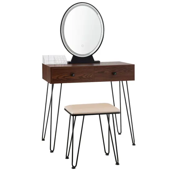 Makeup Dressing Table Included Soft Cushion Seat Stool with 3 Lighting Modes and 2 Large Drawers Coffee {1}