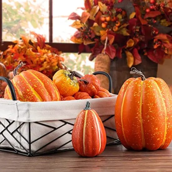 Pumpkin Fall Decorations, Decorative Large Small Outdoor Orange Foam Plastic Fake Faux Artificial Pumpkins for Halloween Autumn Harvest Festival Home Table Decor 16pcs {6}