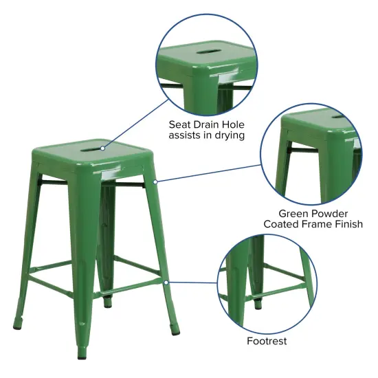 Merrick Lane Newark Series Backless Metal Stool with Square Seat for Indoor-Outdoor Use Green {2}