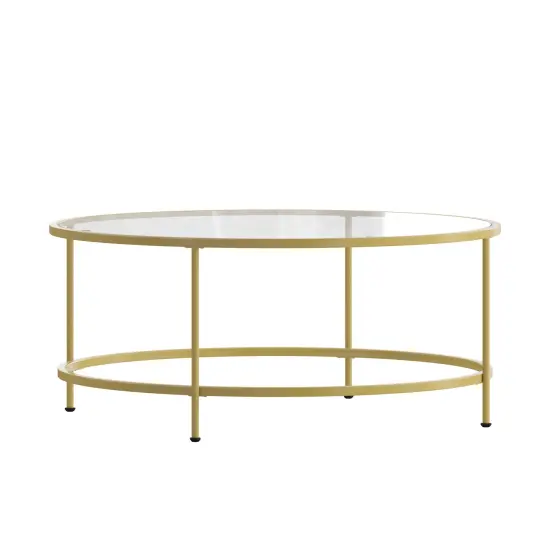 Merrick Lane Newbury Glass Coffee Table with Round Matte Gold Frame and Vertical Legs Clear/Matte Black {9}