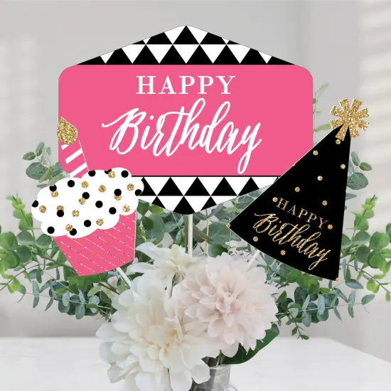 Big Dot of Happiness Chic Happy Birthday - Pink, Black and Gold - Birthday Party Centerpiece Sticks - Table Toppers - Set of 15 {1}