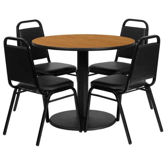 Emma and Oliver 36" Round Laminate Table Set with 4 Trapezoidal Banquet Chairs WalnutTop/BlackVinyl {3}
