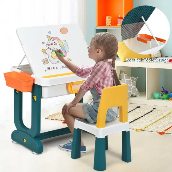 5 in 1 Multi-functional Kids Table and Chair Set with Storage Baskets and Tilted Drawing Board {6}