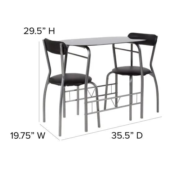 Emma and Oliver 3 Piece Space-Saver Glass Bistro Set with Vinyl Padded Chairs Black {5}