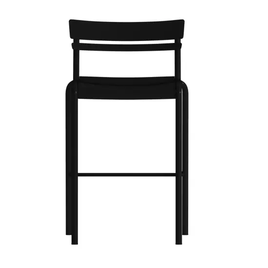 Emma and Oliver Rennes Armless Powder Coated Steel Stool with 2 Slat Back for Indoor-Outdoor Use Black {3}