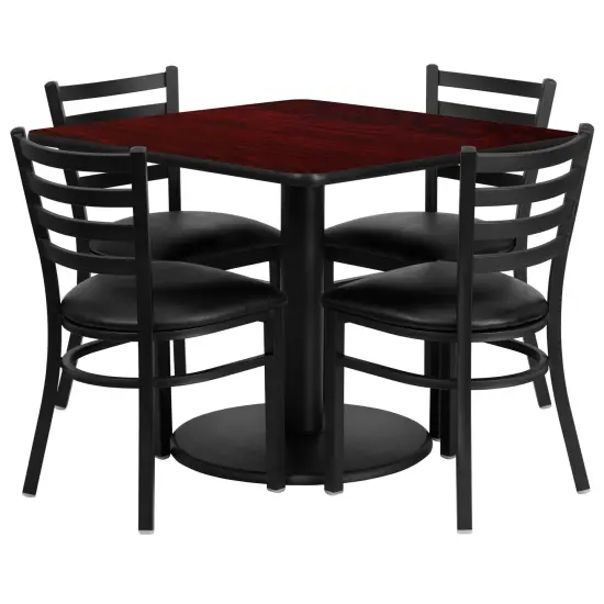 Emma and Oliver 36" Square Laminate Round Base Table Set with 4 Ladder Back Chairs MahoganyTop/BlackVYL {1}