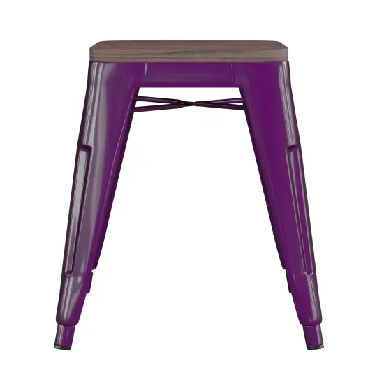 Emma and Oliver Set of Four Table Height Backless Stacking Welded Iron Stools with Wooden Seats and Under Seat Bracing for Indoor Use Purple {3}