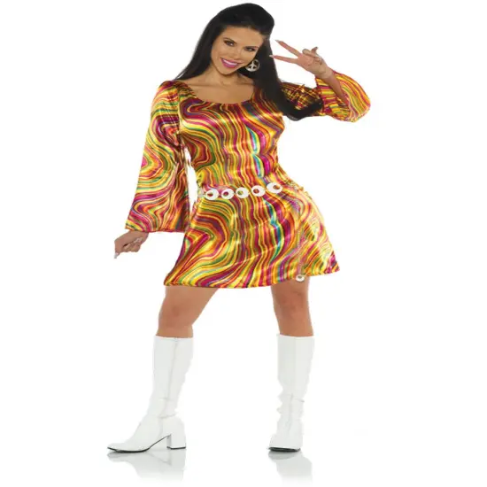 Women's 70s Ace Disco Diva Rainbow Swirls Mini Dress Costume {1}