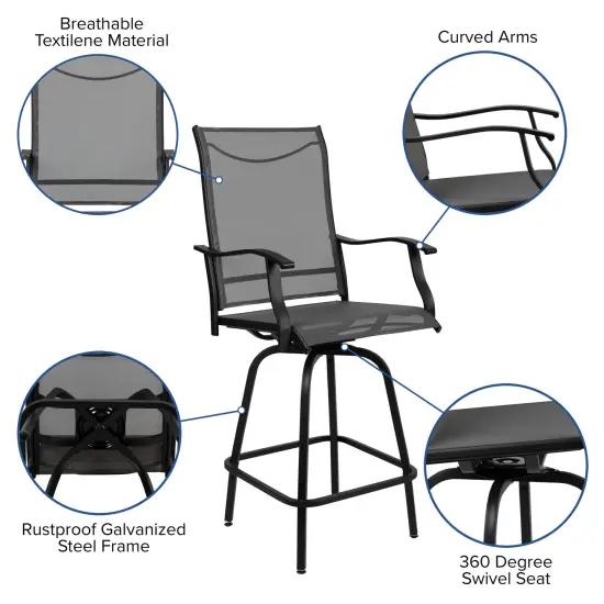 Merrick Lane Set of 2 Brett High Back Bar Height Swivel Patio Stools with Powder Coated Metal Frames and Textilene Upholstery Gray {2}