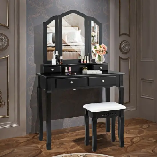 Tri Folding Mirror Vanity Table Stool Set with 4 Drawers and Cushioned Stool Black {1}