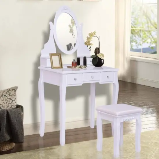 Wooden Vanity Set with 360° Rotating Oval Mirror and Cushioned Stool White {1}