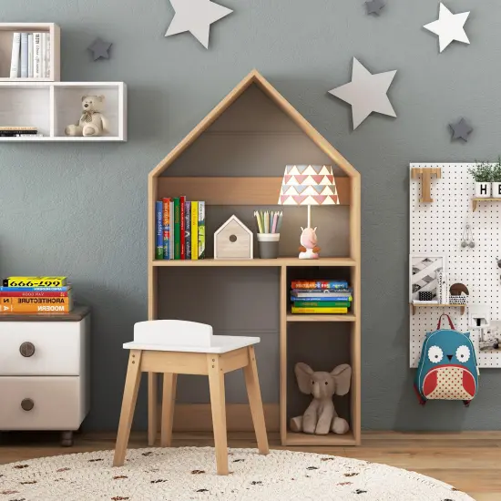 2-in-1 Kids House-Shaped Table and Chair Set-Gray {2}