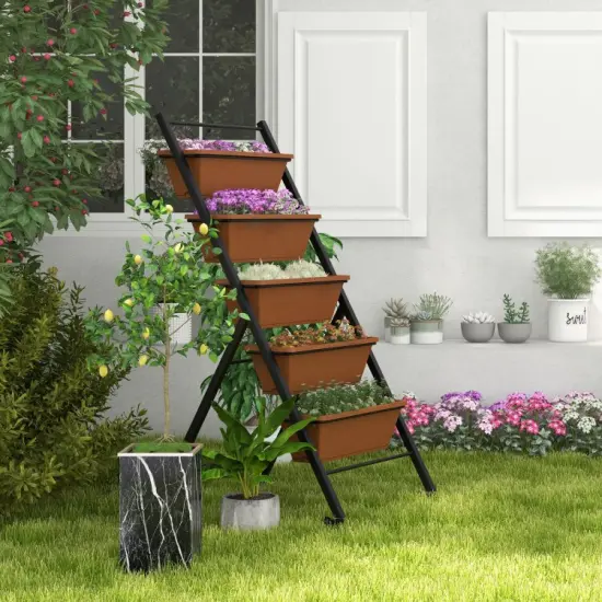 5-Tier Vertical Raised Garden Bed with Wheels and Container Boxes-Brown {5}