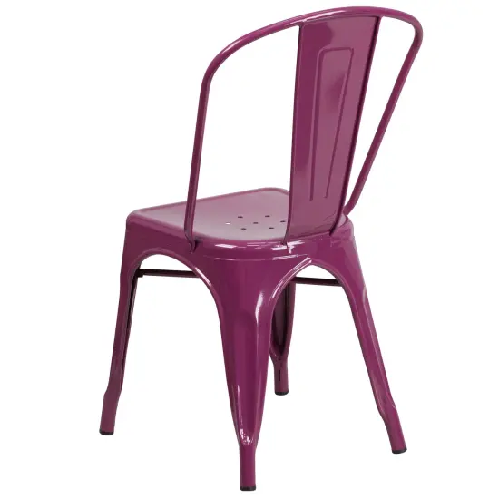 Merrick Lane Wells Indoor/Outdoor Stacking Metal Dining Chair with Single Slat Back and Powder Coated Finish Purple {4}