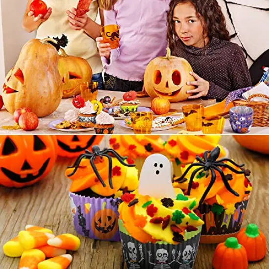 600 Pieces Halloween Cupcake Liners Halloween Pumpkin Colorful Donuts Baking Cups Disposable Paper Cupcake Wrappers Muffin Case Trays Baking Wraps for Halloween Birthday Party() {3}