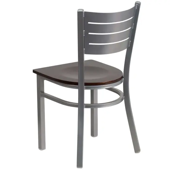 Emma and Oliver 2 Pack Silver Slat Back Metal Restaurant Chair WalnutSeat/Silver {3}